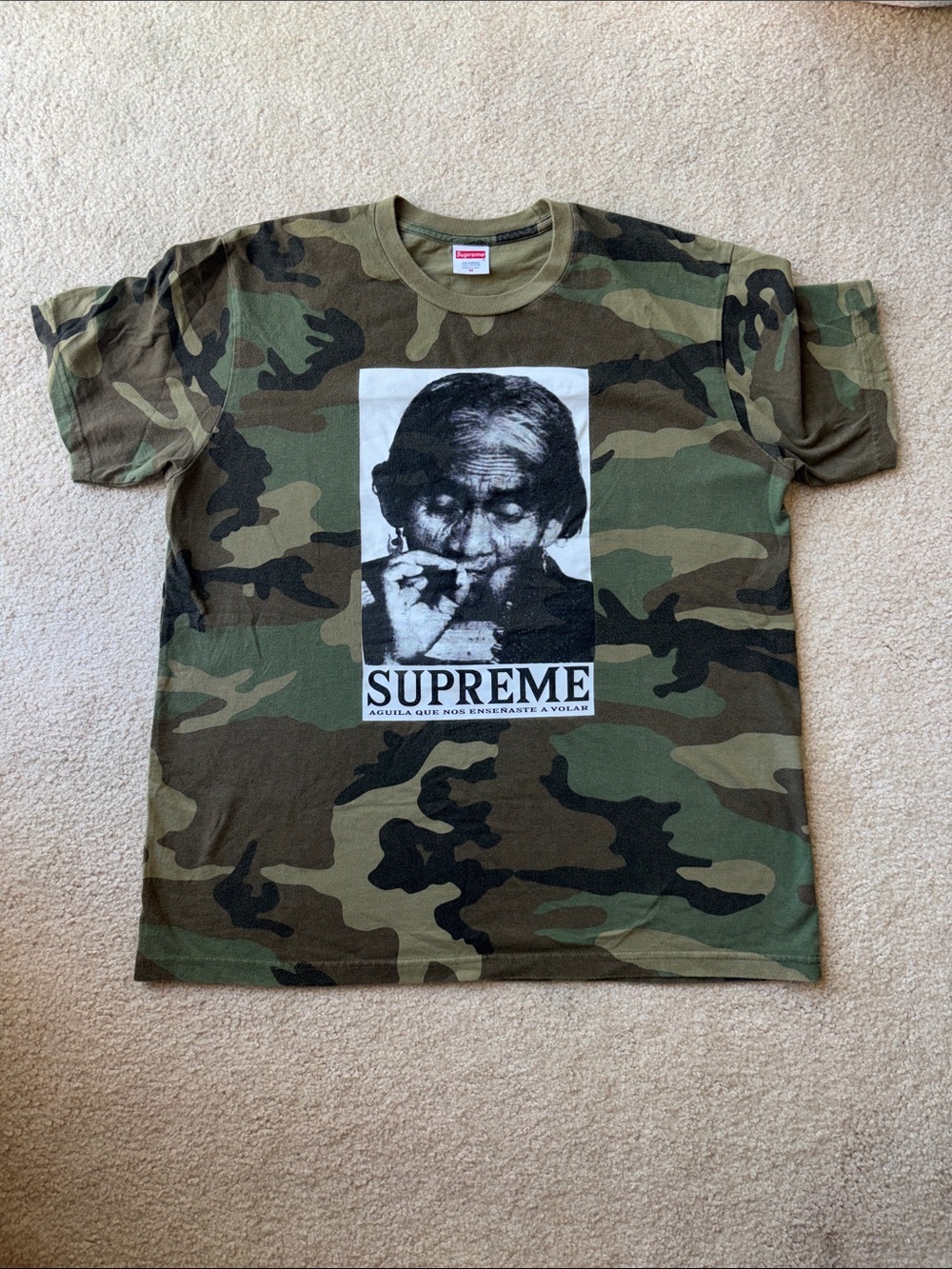 Supreme Olive Green Camo Graphic Tee with Black & White Front Print